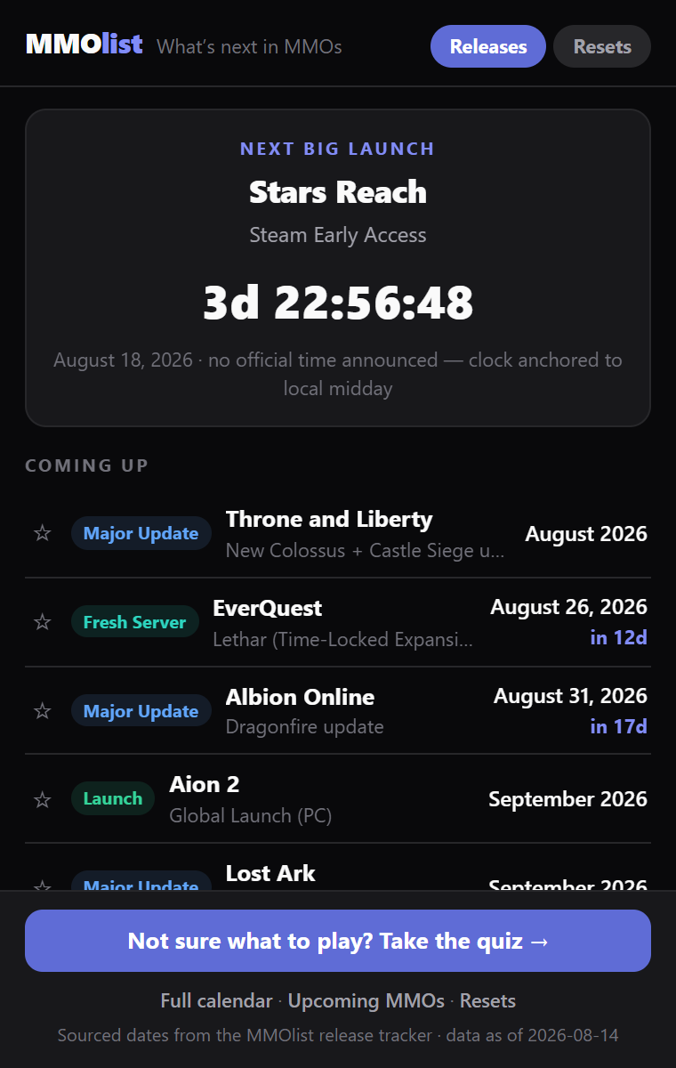 The MMOlist extension popup: a countdown to the next big MMO launch above a list of upcoming releases with sourced dates